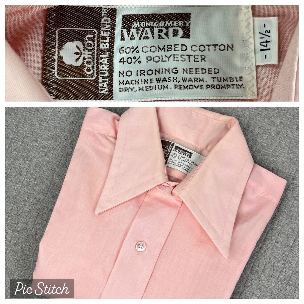 New Vintage 70s Dead Stock Montgomery Ward Button Up Shirt Mens Small 14.5 Pink
